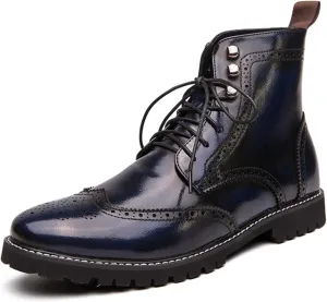 Men's Brogue Leather Lace-Up Ankle Boots with Wingtip Design Vintage Dress Boots for Casual Business Office Daily Wear and Formal Occasions