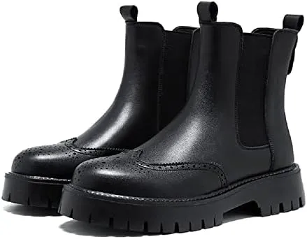 Men's Leather Platform Chelsea Boots Lug Sole Chunky Heel Brogue Dress Ankle Boots Round Toe Retro Slip-On Oxfords Boot