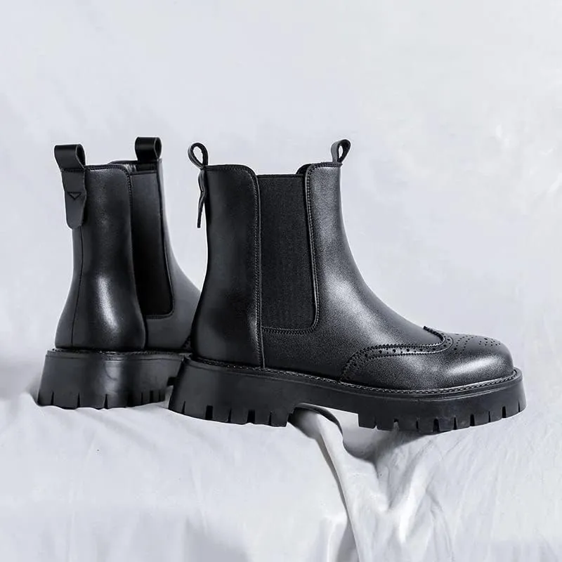 Men's Leather Platform Chelsea Boots Lug Sole Chunky Heel Brogue Dress Ankle Boots Round Toe Retro Slip-On Oxfords Boot