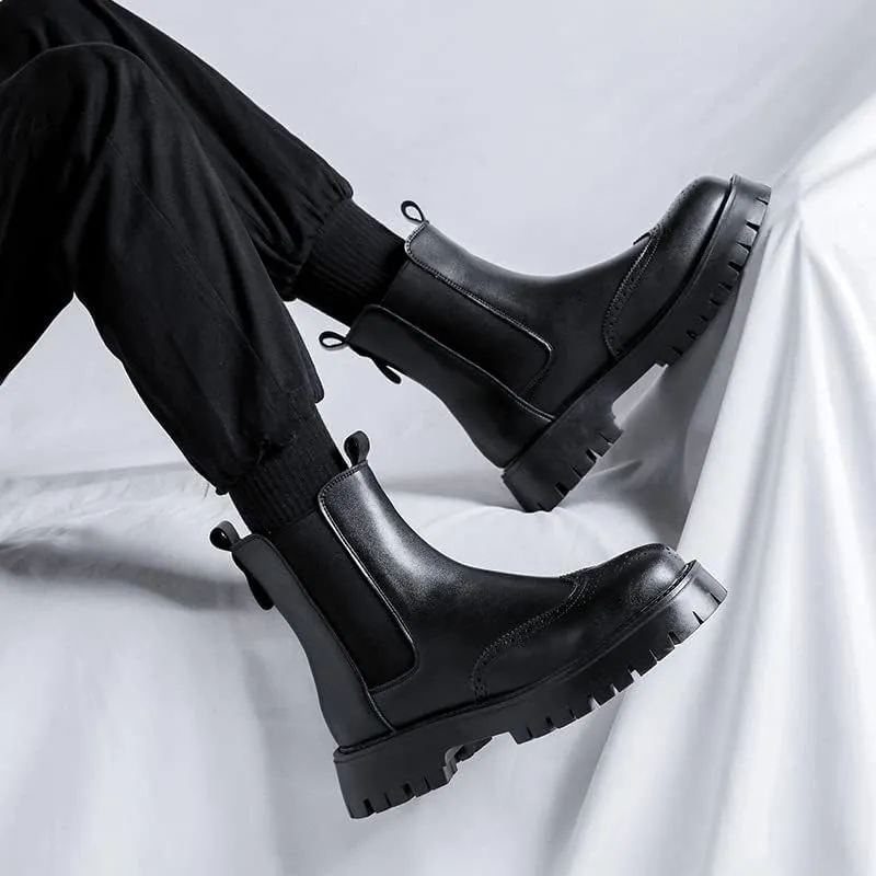 Men's Leather Platform Chelsea Boots Lug Sole Chunky Heel Brogue Dress Ankle Boots Round Toe Retro Slip-On Oxfords Boot