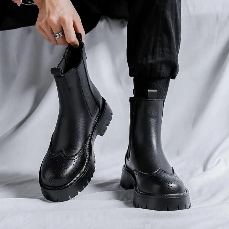 Men's Leather Platform Chelsea Boots Lug Sole Chunky Heel Brogue Dress Ankle Boots Round Toe Retro Slip-On Oxfords Boot