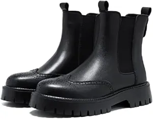Men's Leather Platform Chelsea Boots Lug Sole Chunky Heel Brogue Dress Ankle Boots Round Toe Retro Slip-On Oxfords Boot