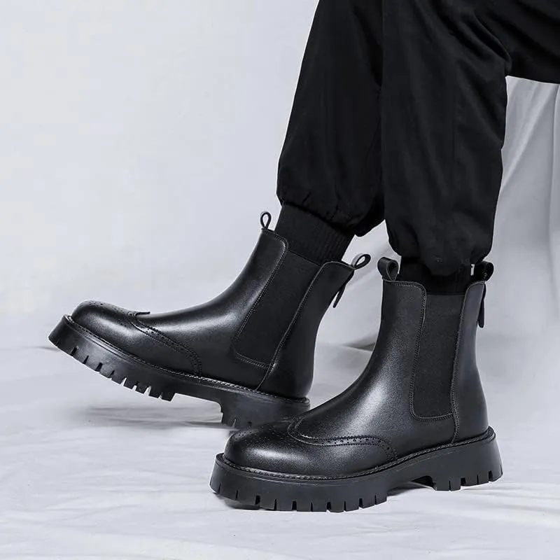 Men's Leather Platform Chelsea Boots Lug Sole Chunky Heel Brogue Dress Ankle Boots Round Toe Retro Slip-On Oxfords Boot