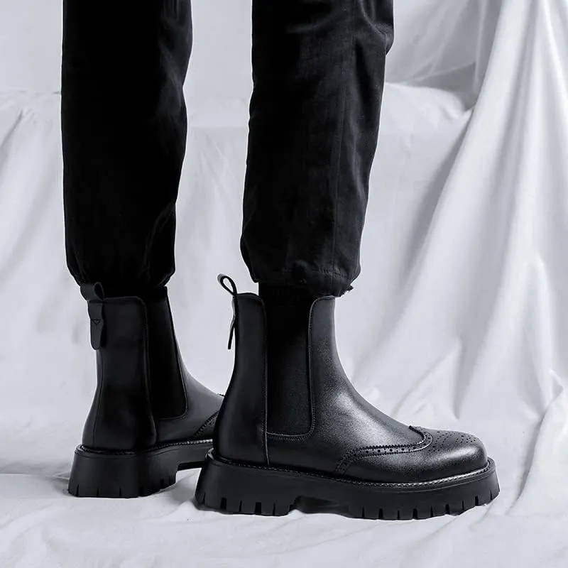 Men's Leather Platform Chelsea Boots Lug Sole Chunky Heel Brogue Dress Ankle Boots Round Toe Retro Slip-On Oxfords Boot