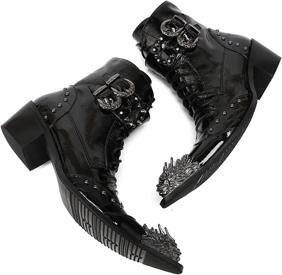 Mens Oxfords Boots Casual Dress Cowboy Boots Genuine Leather Metal Wingtip Toe Rivets Western Boots Fashion Prom Wedding Ballroom Tuxedo Party Disco Rock Singer Mid Top Boots for Men