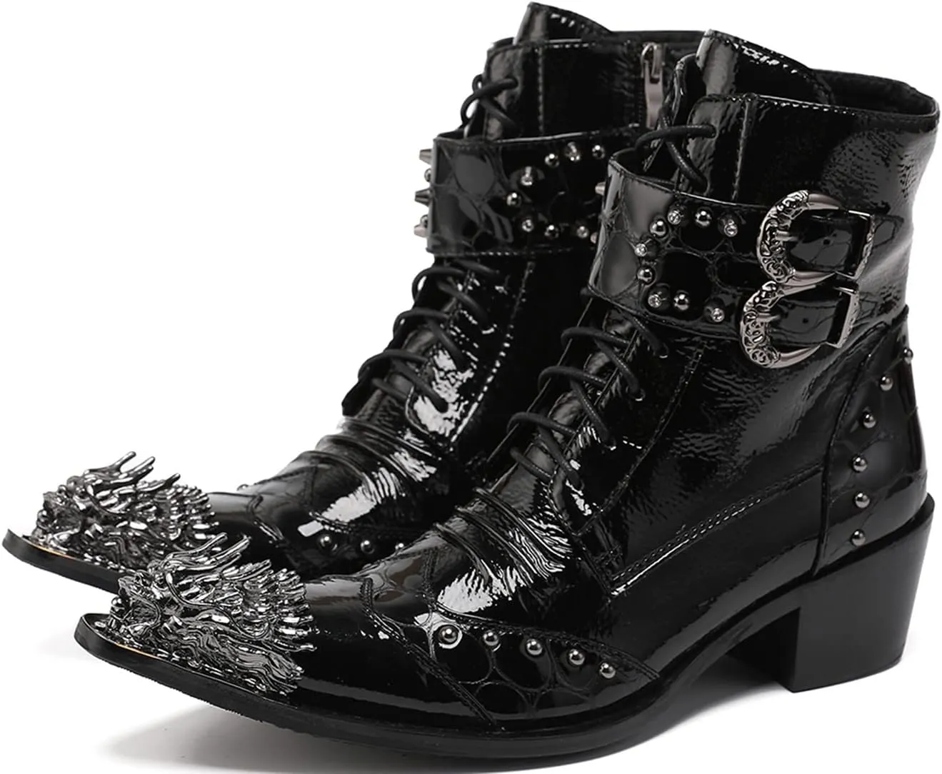 Mens Oxfords Boots Casual Dress Cowboy Boots Genuine Leather Metal Wingtip Toe Rivets Western Boots Fashion Prom Wedding Ballroom Tuxedo Party Disco Rock Singer Mid Top Boots for Men