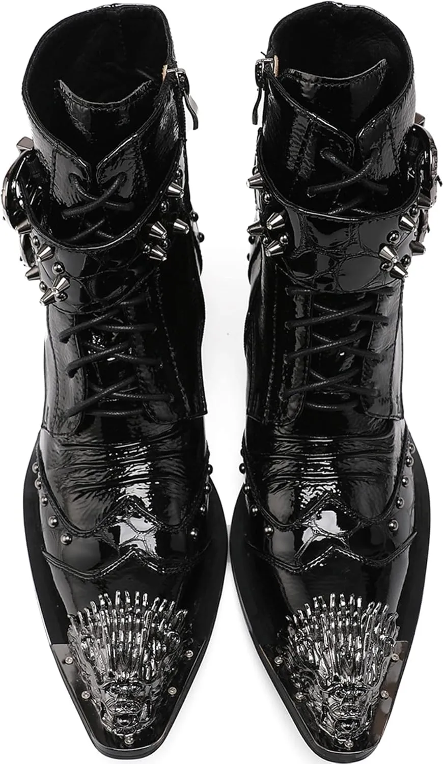 Mens Oxfords Boots Casual Dress Cowboy Boots Genuine Leather Metal Wingtip Toe Rivets Western Boots Fashion Prom Wedding Ballroom Tuxedo Party Disco Rock Singer Mid Top Boots for Men