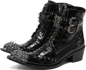 Mens Oxfords Boots Casual Dress Cowboy Boots Genuine Leather Metal Wingtip Toe Rivets Western Boots Fashion Prom Wedding Ballroom Tuxedo Party Disco Rock Singer Mid Top Boots for Men
