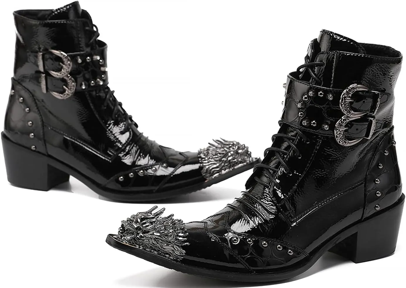 Mens Oxfords Boots Casual Dress Cowboy Boots Genuine Leather Metal Wingtip Toe Rivets Western Boots Fashion Prom Wedding Ballroom Tuxedo Party Disco Rock Singer Mid Top Boots for Men