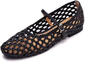 Mesh Mary Jane Flats for Women Jelly Mesh Ballet Flats Slip on Ballerina Shoes Clear Hollow Sandals No Slip Low Heel Breathable Lightweight Buckled Straps Comfort Wear Pumps Office Party Vacation