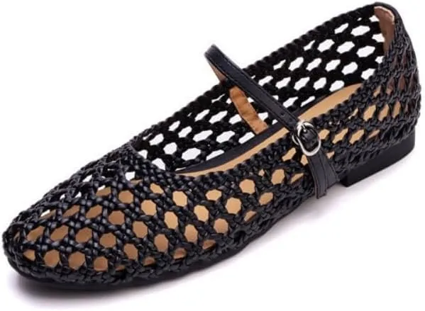 Mesh Mary Jane Flats for Women Jelly Mesh Ballet Flats Slip on Ballerina Shoes Clear Hollow Sandals No Slip Low Heel Breathable Lightweight Buckled Straps Comfort Wear Pumps Office Party Vacation