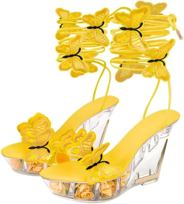 MissHeel Butterfly Heels Lace Up Clear Platform Wedge Heel Sandals