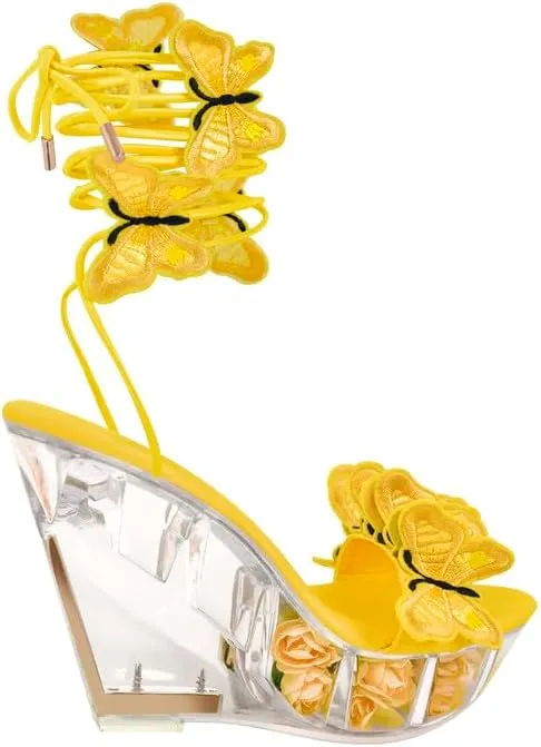 MissHeel Butterfly Heels Lace Up Clear Platform Wedge Heel Sandals