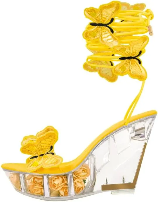 MissHeel Butterfly Heels Lace Up Clear Platform Wedge Heel Sandals