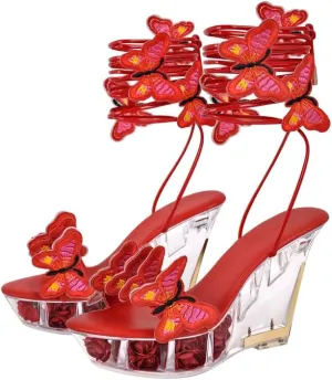 MissHeel Butterfly Heels Lace Up Clear Platform Wedge Heel Sandals