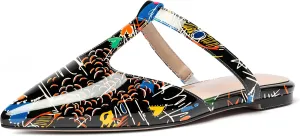 MODENCOCO Women's Casual Office T Strap Pointed Toe Slip On Patent Low Heel Backless Mules Shoes Flats