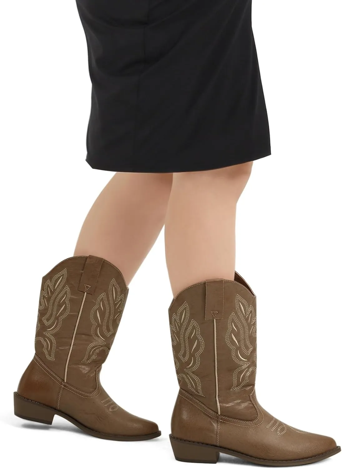 mysoft Women's Wide Calf Cowboy Boots Pull-On Mid-Calf Embroidered Pointed Toe Retro Western Boots