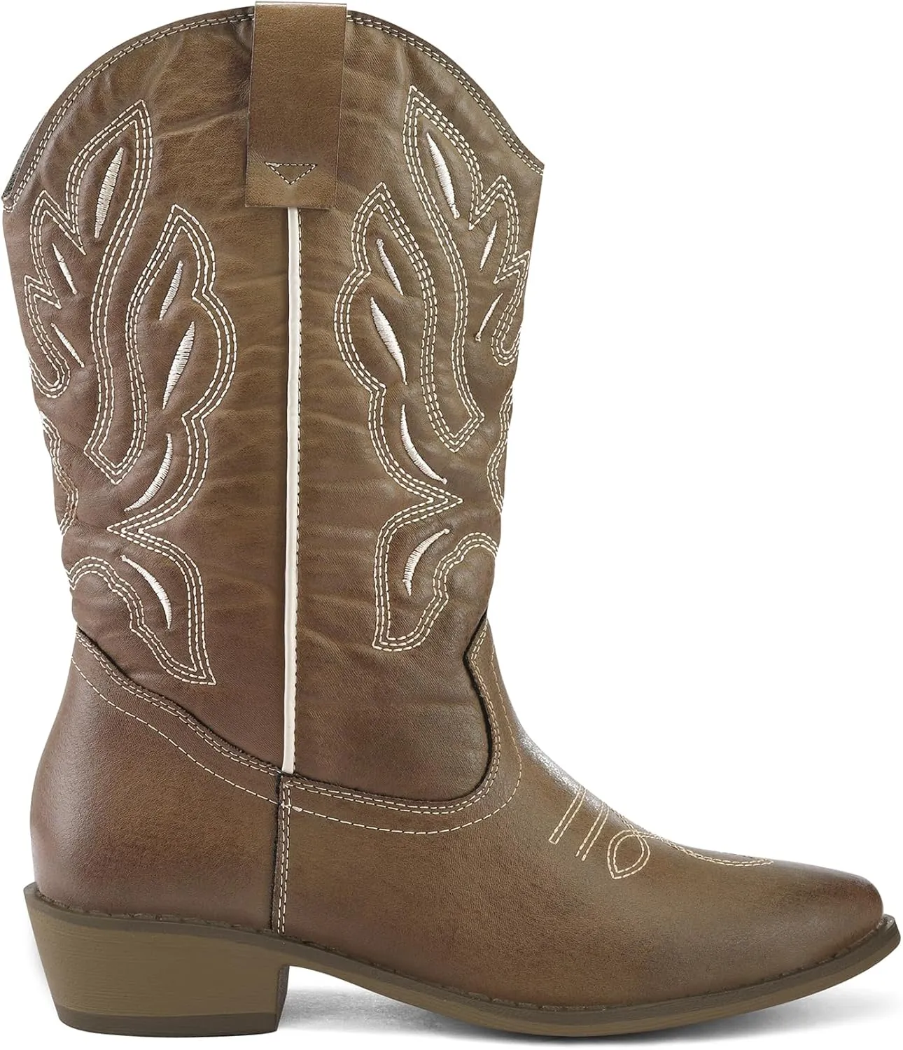 mysoft Women's Wide Calf Cowboy Boots Pull-On Mid-Calf Embroidered Pointed Toe Retro Western Boots