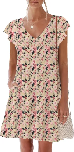 nclook Womens Summer Casual Dresses Sweet Cute V Neck Mini Dress with Pockets Ruffle Short Sleeve