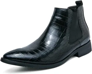 New Chelsea Boots for Men Pointed Tip Faux Crocodile Print Leather Wearable Non Slip On Casual Dress Boots