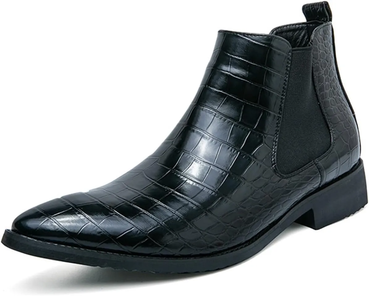 New Chelsea Boots for Men Pointed Tip Faux Crocodile Print Leather Wearable Non Slip On Casual Dress Boots