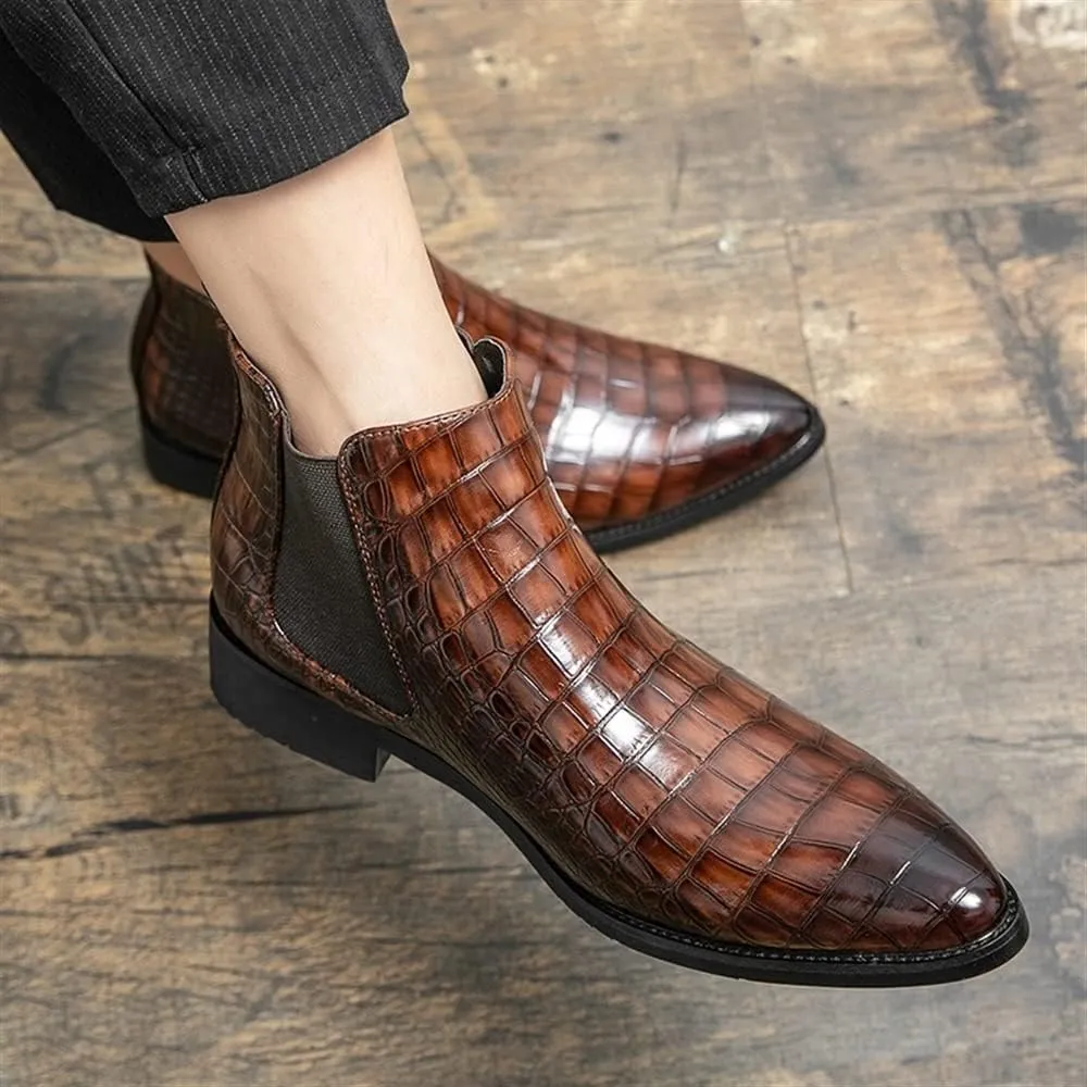 New Chelsea Boots For Men Round Toe Faux Crocodile Print PU Leather Wearable Non Slip On Casual Dress