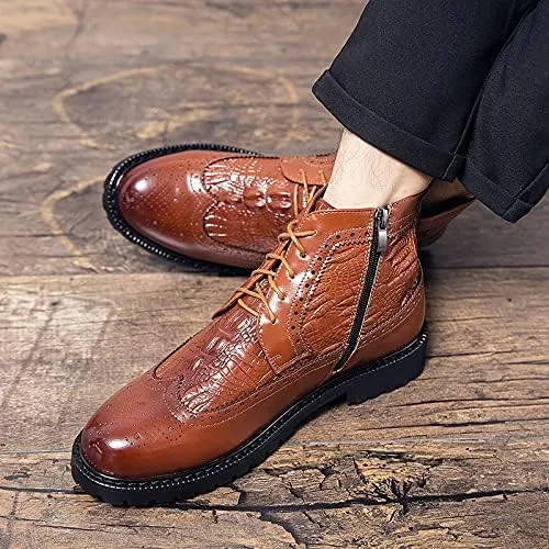 New Men's Ankle Boots Anti-slip Wearable Slip Resistant Carved Brogue Win Tip Side Zip Crocodile Print PU Classic Dress Stylish