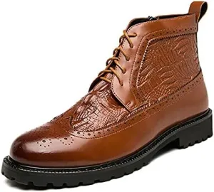 New Men's Ankle Boots Anti-slip Wearable Slip Resistant Carved Brogue Win Tip Side Zip Crocodile Print PU Classic Dress Stylish