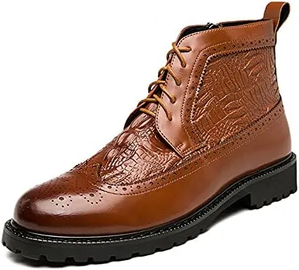 New Men's Ankle Boots Anti-slip Wearable Slip Resistant Carved Brogue Win Tip Side Zip Crocodile Print PU Classic Dress Stylish