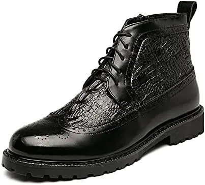 New Men's Ankle Boots Anti-slip Wearable Slip Resistant Carved Brogue Win Tip Side Zip Crocodile Print PU Classic Dress Stylish