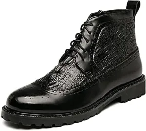 New Men's Ankle Boots Anti-slip Wearable Slip Resistant Carved Brogue Win Tip Side Zip Crocodile Print PU Classic Dress Stylish