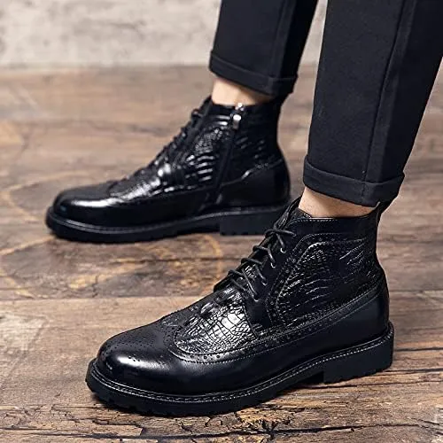 New Men's Ankle Boots Anti-slip Wearable Slip Resistant Carved Brogue Win Tip Side Zip Crocodile Print PU Classic Dress Stylish
