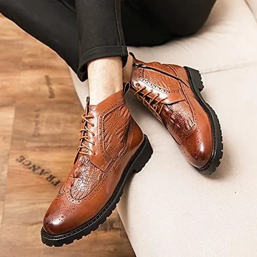 New Men's Ankle Boots Anti-slip Wearable Slip Resistant Carved Brogue Win Tip Side Zip Crocodile Print PU Classic Dress Stylish