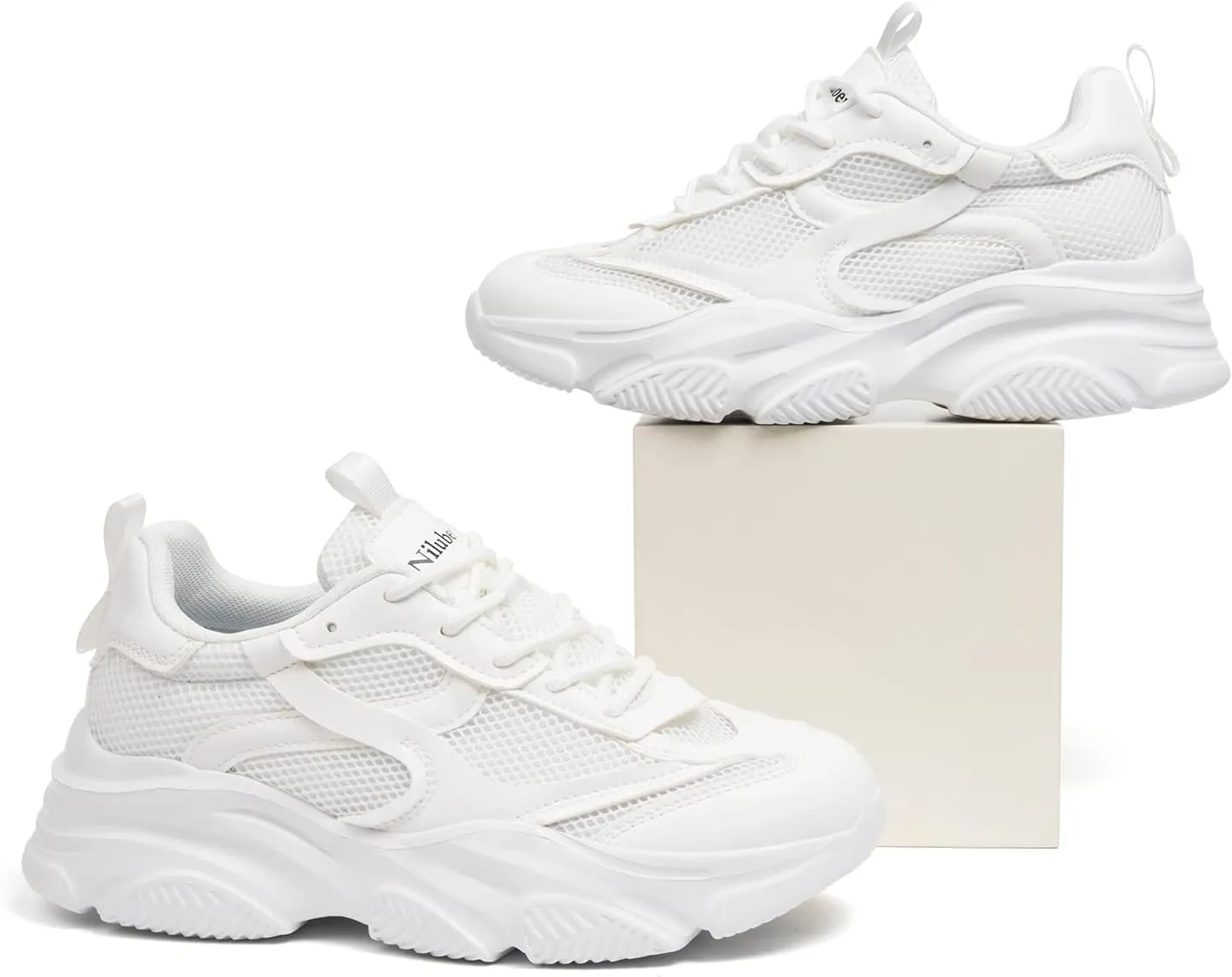 Niluber Women's Chunky Platform Sneakers-Slip On Breathable Running Shoes-Lightweight Glitter Rhinestone White Black Walking Shoes