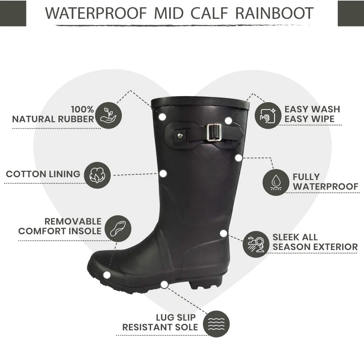 NORTY Women's Hurricane Rain Boots - Mid-Calf Length - Glossy Matte Waterproof Rubber Shoes