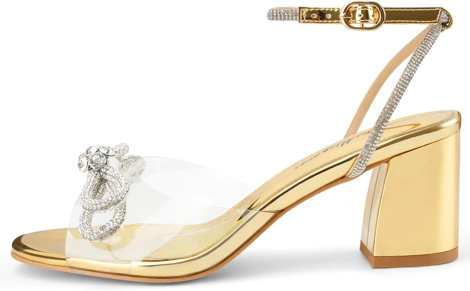 Oh Mispares Women's Clear Heels Double Bowknots Crystal Sandals Round Open Toe Rhinestone Transparent Chunky Bow Heels Gold Ankle Strap Sandal Shoes