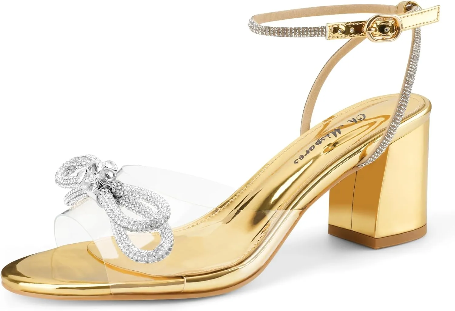 Oh Mispares Women's Clear Heels Double Bowknots Crystal Sandals Round Open Toe Rhinestone Transparent Chunky Bow Heels Gold Ankle Strap Sandal Shoes