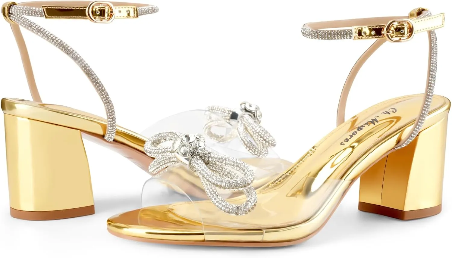 Oh Mispares Women's Clear Heels Double Bowknots Crystal Sandals Round Open Toe Rhinestone Transparent Chunky Bow Heels Gold Ankle Strap Sandal Shoes