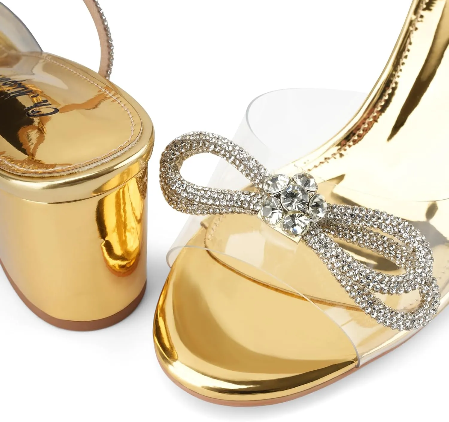 Oh Mispares Women's Clear Heels Double Bowknots Crystal Sandals Round Open Toe Rhinestone Transparent Chunky Bow Heels Gold Ankle Strap Sandal Shoes