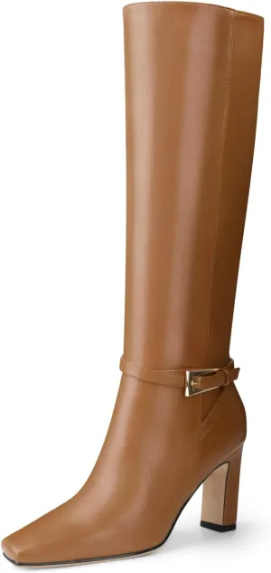 Oh Mispares Women's Knee High Boots Chunky Heel Square Toe Tall Boots Side Zipper Fashion Buckle Party Dress Long Boot for Girl