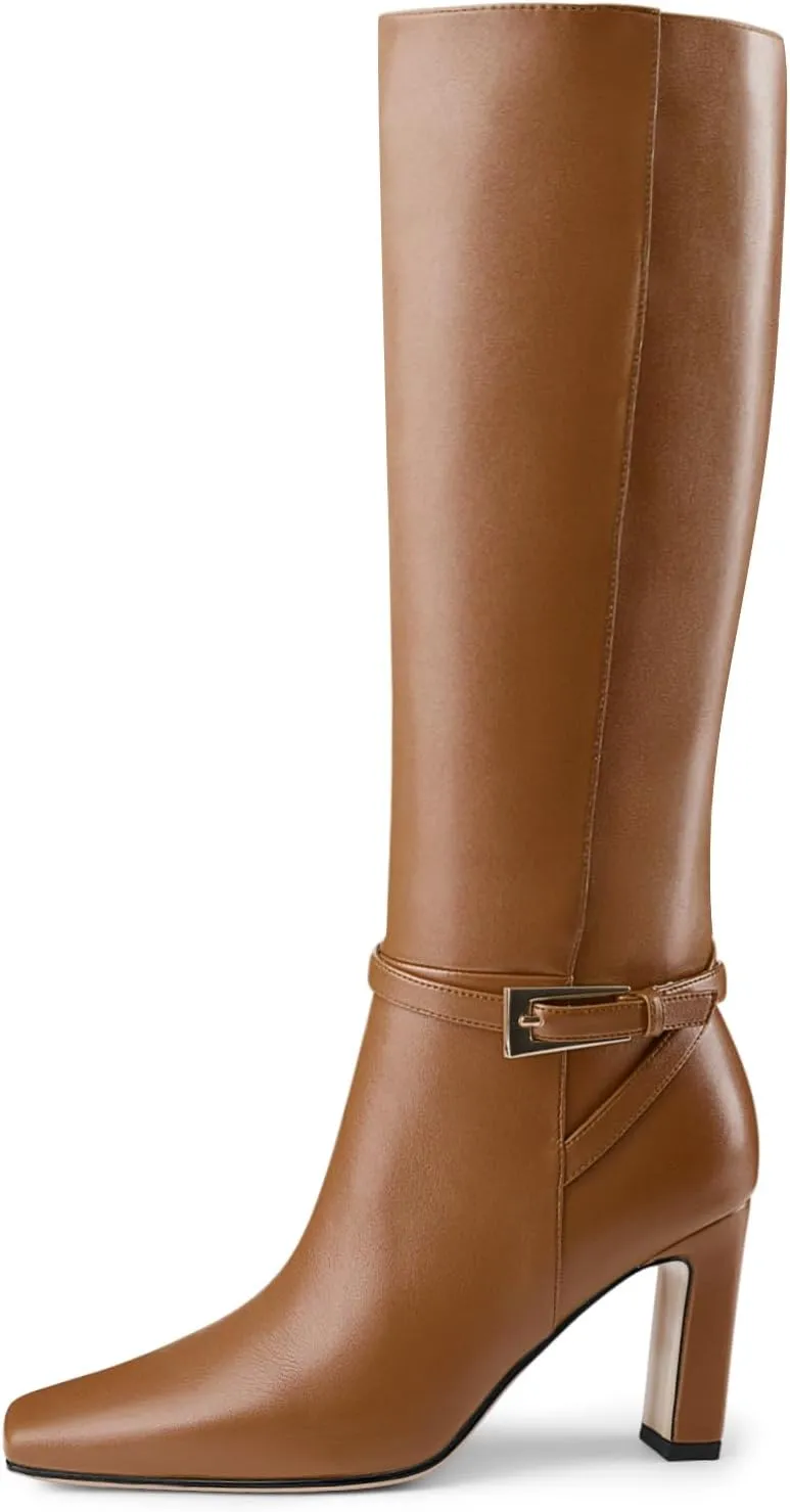 Oh Mispares Women's Knee High Boots Chunky Heel Square Toe Tall Boots Side Zipper Fashion Buckle Party Dress Long Boot for Girl