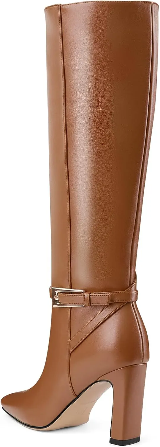 Oh Mispares Women's Knee High Boots Chunky Heel Square Toe Tall Boots Side Zipper Fashion Buckle Party Dress Long Boot for Girl