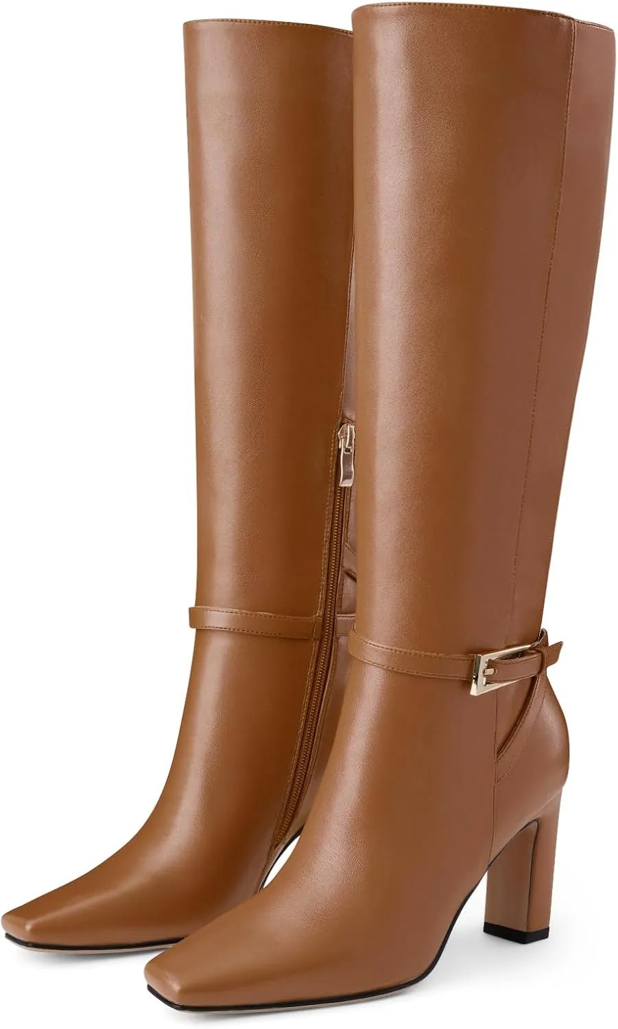 Oh Mispares Women's Knee High Boots Chunky Heel Square Toe Tall Boots Side Zipper Fashion Buckle Party Dress Long Boot for Girl