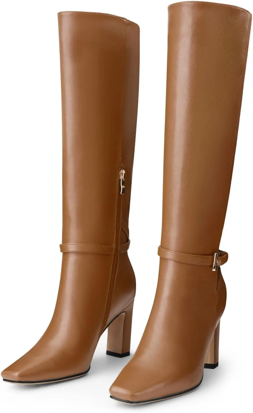 Oh Mispares Women's Knee High Boots Chunky Heel Square Toe Tall Boots Side Zipper Fashion Buckle Party Dress Long Boot for Girl