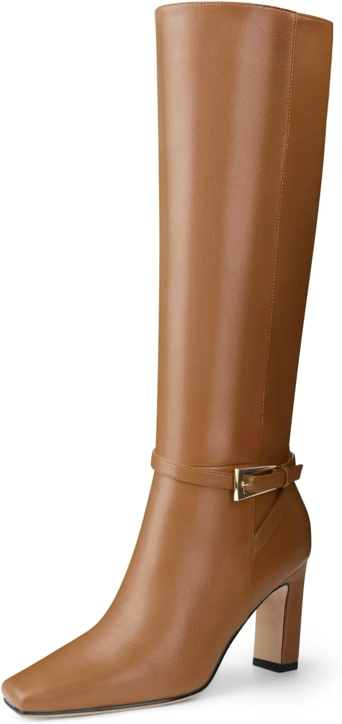 Oh Mispares Women's Knee High Boots Chunky Heel Square Toe Tall Boots Side Zipper Fashion Buckle Party Dress Long Boot for Girl