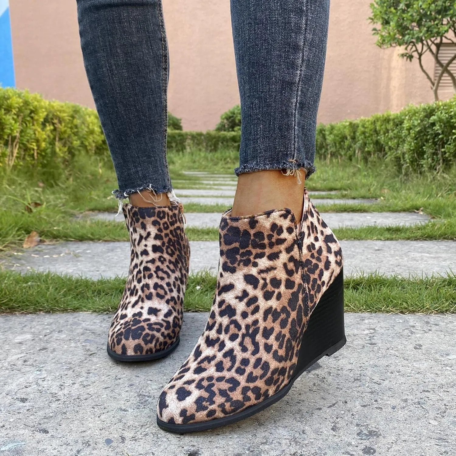 oiangi Fall Boots for Women 2022 Trendy Suede Slip on V Cutout Round Toe Zipper Chunky Stacked Mid Heel Ankle Booties Solid Cute Comfy Ladies Casual Shoes