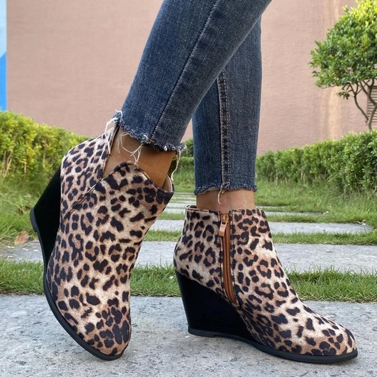 oiangi Fall Boots for Women 2022 Trendy Suede Slip on V Cutout Round Toe Zipper Chunky Stacked Mid Heel Ankle Booties Solid Cute Comfy Ladies Casual Shoes