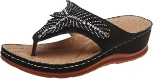 oiangi Rhinestone Wedge Sandals for Women,Summer Fashion Open Toe T Strap Thong Flip Flops Sandals Comfortable Casual Beach Shoes Slippers