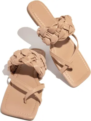 Open Square Toe Flats Women's Cross Strap Woven Leather Flat Sandals Summer Casual Thong Flip Flops Low-Heeled Platform Toe Ring Sandals Streetwear Fashion Beach Shoes