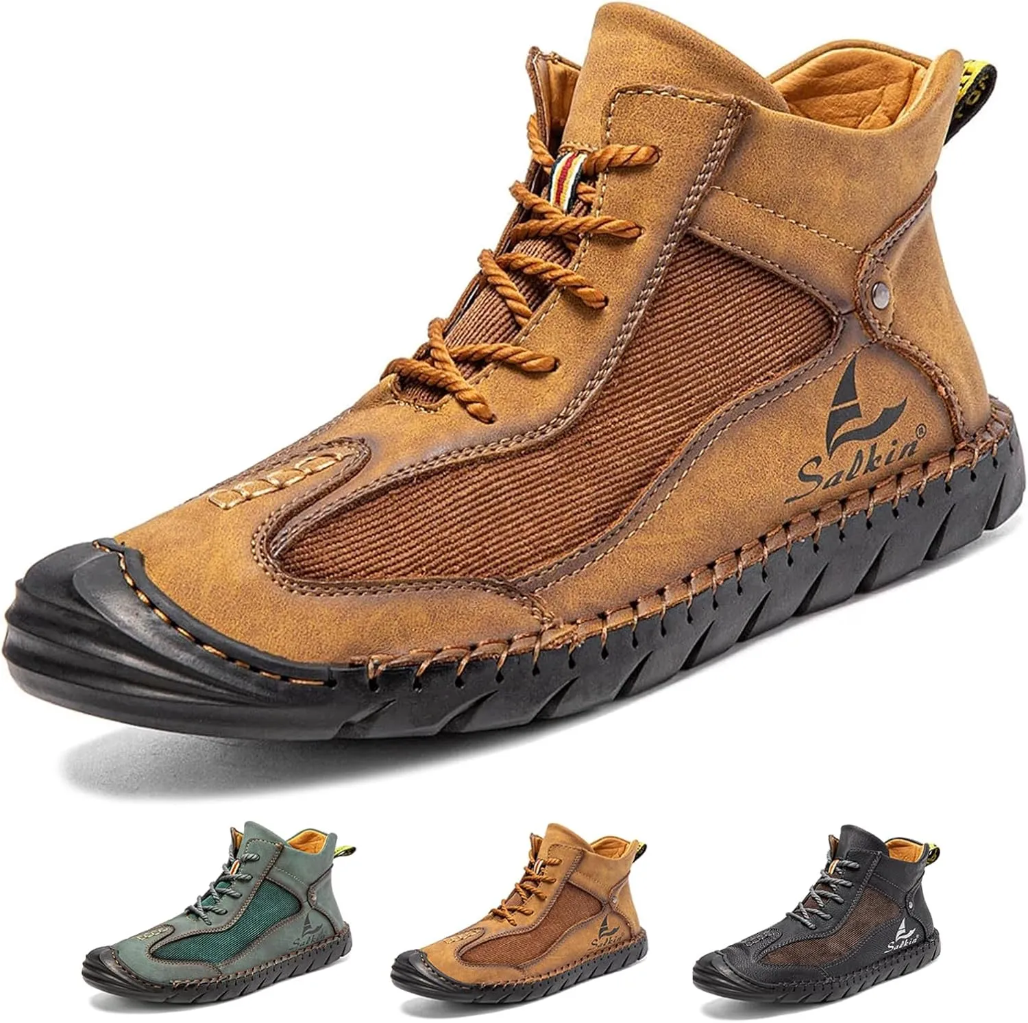 Optigard Men's Leather Ankle Chukka Boots Vintage Hand Stitching Casual Non-Slip Lace-up Flats Outdoor Comfort Driving Walking Shoes